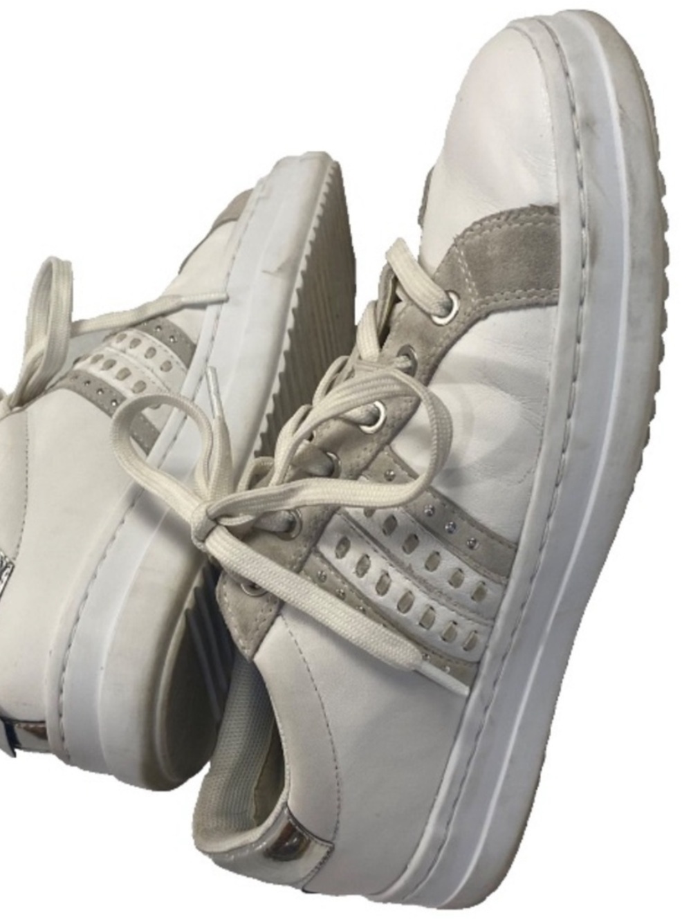 Geox Respira Pontoise White Silver Leather Sneaker Women's 9 Retro Chunky